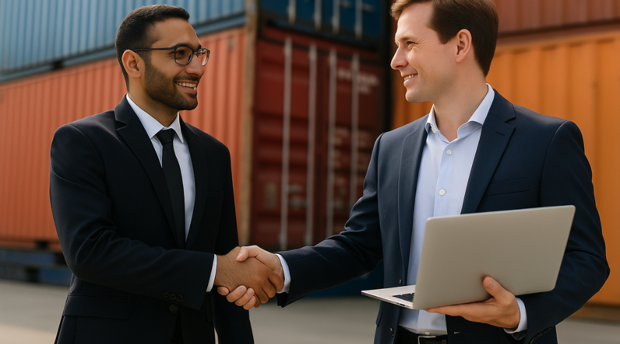 Two businessmen in suits shake hands outdoors near stacked shipping containers. One holds a laptop, and both are smiling, highlighting a successful partnership—possibly thanks to 360Connect Storage Container Leads—in the logistics or shipping industry.