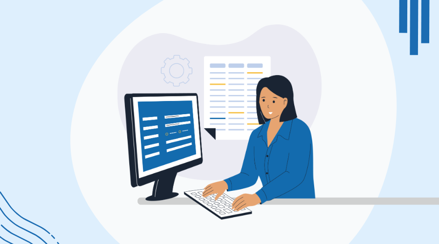 Illustration of a woman sitting at a desk, typing on a keyboard with a computer monitor in front of her. Documents and a gear icon in the background hint at exploring the Best HRIS Systems in an office or work setting.