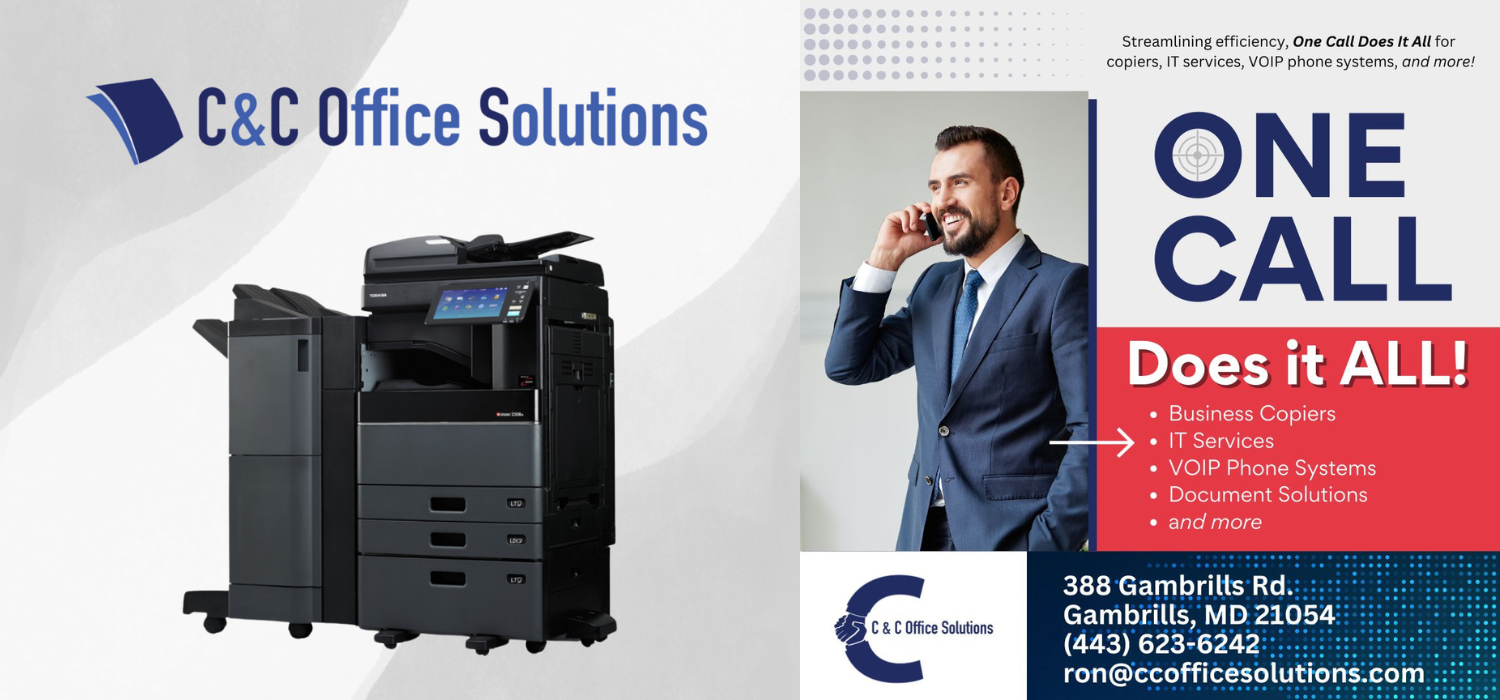 A business flyer for C&C Office Solutions showing a large office copier, a smiling man in a suit on the phone, and text promoting business copiers, IT services, VOIP phone systems, and contact details.