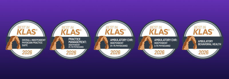 Five circular Best in KLAS 2026 award badges are displayed in a row against a purple background, each highlighting a different healthcare category for independent and ambulatory practices.