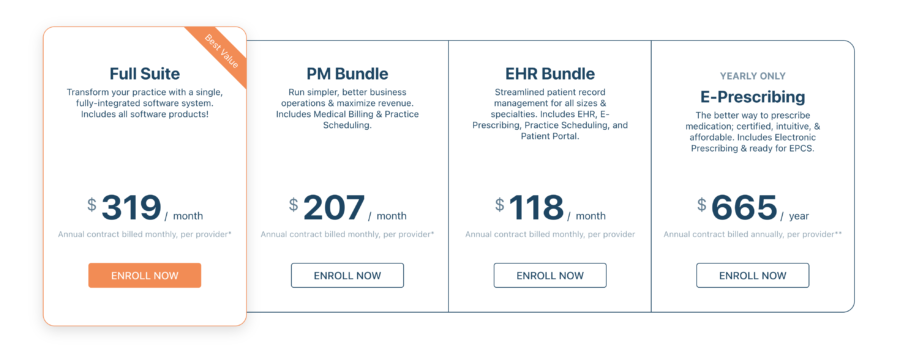 Four pricing plans for software services: Full Suite at $319/month, PM Bundle at $207/month, EHR Bundle at $118/month, and E-Prescribing at $665/year. Each plan has a brief description and Enroll Now button.