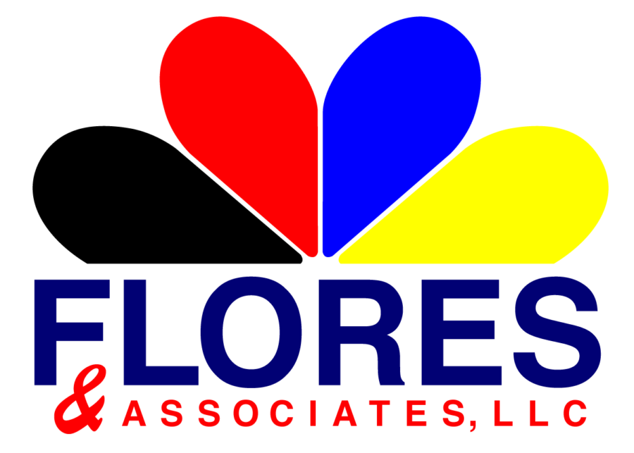 Logo for Flores & Associates, LLC featuring four petal-like shapes in black, red, blue, and yellow above the company name in bold blue and red letters.